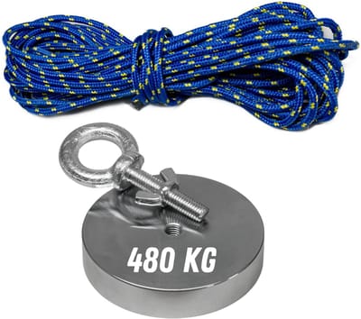 Vismagnet set met oog en touw (20 m) - 480 kg trekvermogen - 97 mm diameter