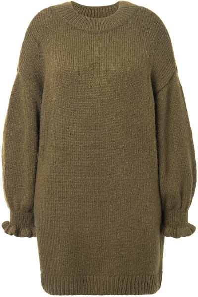 Studio Untold - Dames - Gebreide jurk oversized mouwen met ruches - Donkerolijf - Maat 46+