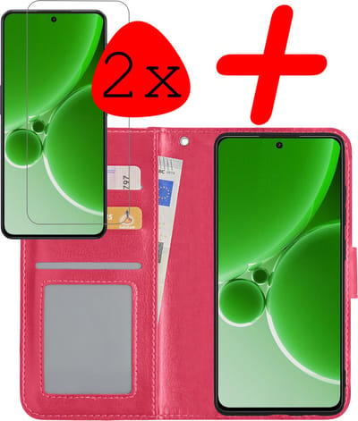 Hoesje Met 2x Screenprotector - Geschikt voor OnePlus Nord 3 - Luxe Pasjeshouder - Bookcase Portemonee - Flip Case - Kunstleer Book Case - Flipcase Hoes - Book Cover - Walletcase - Portemonneehoes - Donkerroze