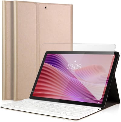 Hoes met toetsenbord geschikt voor Lenovo Tab 10.1 inch 2025 - Screen Protector GlassGuard - Keyboard Book Case Cover Hoesje Goud & Screenprotector