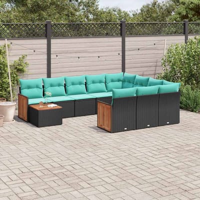 vidaXL - 11-delige - tuinbankset - met - kussens, - zwart - polyrotan