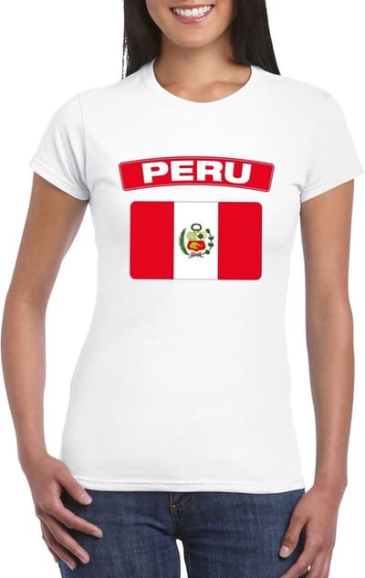 Vlag Peru t-shirt - wit - met vlag van het land print - voor dames - korte mouwen - supporters S