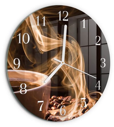 Tulup Wandklok - Kopje koffie Gekleurde Glazen Klok - 30fi cm - Bruin Glazen Klok Met Print - Witte Handen - Ronde Wandklok - Klok Glas Met Opdruk - Moderne Wandklok Glas