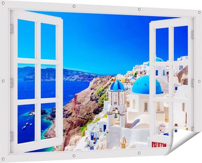 Gards Tuinposter Doorkijk Blauwe Huizen met Koepels in Griekenland - 150x100 cm - Tuindoek - Tuindecoratie - Wanddecoratie buiten - Tuinschilderij