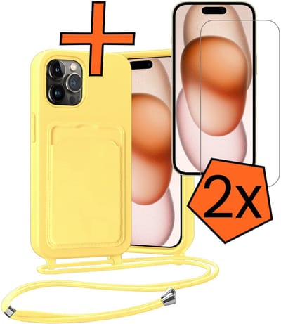 Hoesje Geschikt voor iPhone 14 Pro Hoesje Met Telefoonketting Pasjeshouder Case Met 2x Screenprotector Koord - Hoesje Geschikt voor iPhone 14 Pro Hoes Met Kaarthouder - Geel