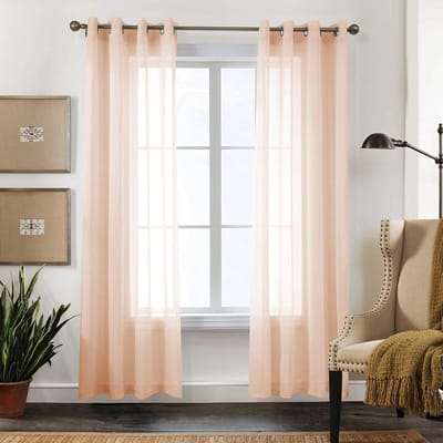 Transparante decoratieve gordijnen, balkondeur, voile gordijnen met oogjes, faux, linnenlook, decoratie woonkamer, gordijn voor slaapkamer en woonkamer, H 225 x B 140 cm, set van 2, babyroze