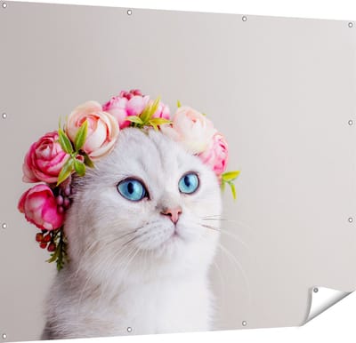Gards Tuinposter Kat met een Bloemen Kroon - 150x120 cm - Tuindoek - Tuindecoratie - Wanddecoratie buiten - Tuinschilderij