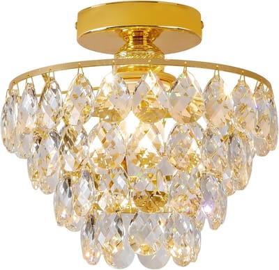 KZQ Moderne Kleine Kristal Plafonnier Met Gouden Basis - Mat Zwart En Goud Semi Flush Mount - Mini Kristal Kroonluchter Voor Hal Slaapkamer Badkamer Kast En Foyer