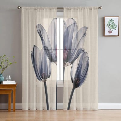 Bloem Tulp Transparant Blauw Slaapkamer Transparante Vitrage Gordijnen Vakantiedecoratie Raam Voile Tule Gordijn 135W x 114H(cm) gray