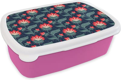 Broodtrommel Roze - Lunchbox - Brooddoos - Design - Bloemen - Rood - 18x12x6 cm - Kinderen - Meisje
