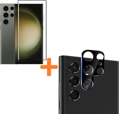 Volledige Dekking Scherm Tempered Glass Screen Protector + Camera lens Beschermer Zwart Geschikt voor: Samsung Galaxy S23 Ultra