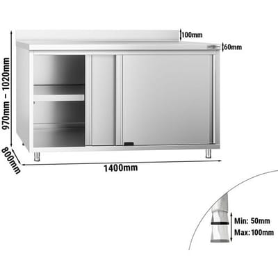 GGM Gastro Edelstahl Arbeitsschrank PREMIUM - 1400x800mm - mit Schiebetür & Aufkantung Zilver