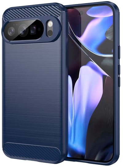 Geborsteld TPU Hoesje Geschikt voor Google Pixel 10 Pro XL | Beschermhoes | Back Cover | Flexibel TPU | Stijlvol Carbon | Dun | Blauw