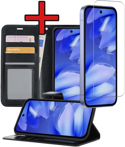 Hoesje - Met Screenprotector - Geschikt voor Google Pixel 9a - Luxe Pasjeshouder - Flipcase - Bookcase Portemonee - Flip Case - Kunstleer Book Case - Book Cover - Walletcase - Portemonneehoes - Telefoonhoes - Zwart