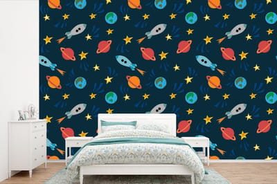 Behang - Fotobehang Patronen - Aarde - Ruimte - Raket - Jongens - Kinderen - Jongetje - Kids - Breedte 360 cm x hoogte 240 cm