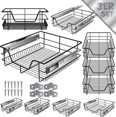 KESSER® Keukenlade / Telescopische lade / Keukenkast / Mand uittrekbaar / Kast uittrekbaar / Volledig uittrekbaar / Lade - 3x 50cm - Zwart