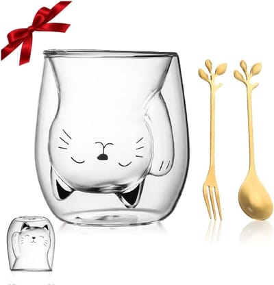 Schattige Kat Mokken van Dubbelwandig Glas, 200ml, Isolerende Koffiemok, Perfecte Kerstcadeaus voor Kattenliefhebbers en Theeliefhebbers