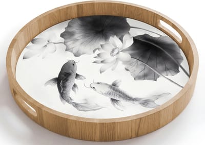 Dienblad rond 40x40 cm - Schootdienblad hout - Lotusbloemen - Vissen - Bladeren - Zwart - Borrelplank rechthoek - Plateau houten dienbladen