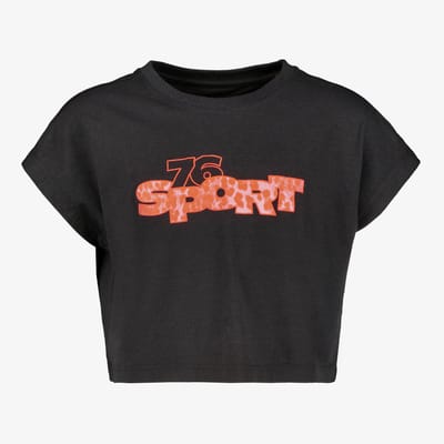 Osaga cropped meisjes sport T-shirt met tekstopdruk zwart - Maat 116