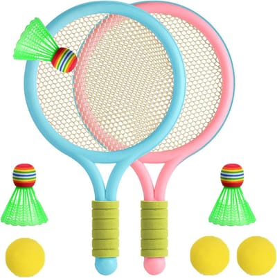 Kindertennisset - Sportset Kinderen - Binnen Buiten Spelen - Inclusief Ballen - 2 Rackets 6 Ballen - Blauw Roze