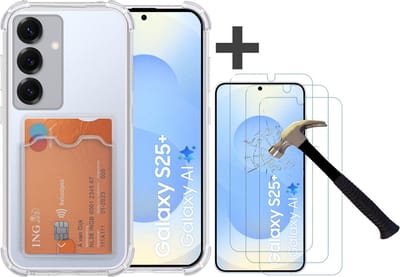 Hoesje met 3 Stuks Screenprotectors Geschikt voor Samsung Galaxy S25 Plus Hoesje Met Pashouder Siliconen Shockproof Case - Arara Backcover- Transparant
