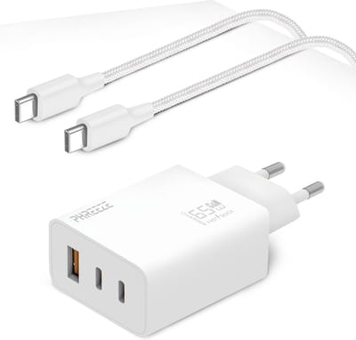 3-in-1 USB C Adapter 65W - 1 Meter Oplader USB C naar USB C Kabel - Snellader voor Laptop, Telefoon, Tablet, Koptelefoon, Oortjes, Powerbank etc.,