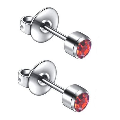 Caflon 4mm titanium oorknopjes voor oorschieter hypoallergeen steriel verpakt met rood kristal steentje geboortesteen juli robijn