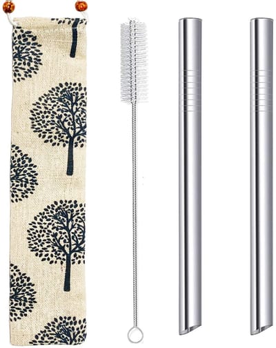 Rietjes van roestvrij staal, extra breed, 12 mm, herbruikbare metalen drinkrietjes voor Bubble Tea Smoothie Milkshake Jumbo met draagtas reinigingsborstel, scherpe schuine punt ontwerp, zilver, 2