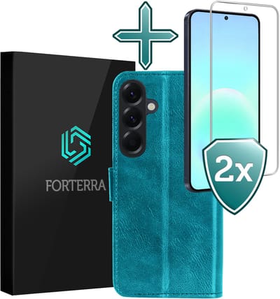 Hoesje Met 2x Screenprotector - Geschikt voor Samsung Galaxy A57 - Luxe Pasjeshouder - Flip Case - Bookcase Portemonee - Kunstleer Book Case - Flipcase Hoes - Book Cover - Walletcase - Portemonneehoes - Turquoise