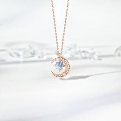 Mode Femmes Argent S925 Plaqué Platine Fantaisie Aurore Lune Pendentif Personnalité Collier Cadeau 45cm rose or