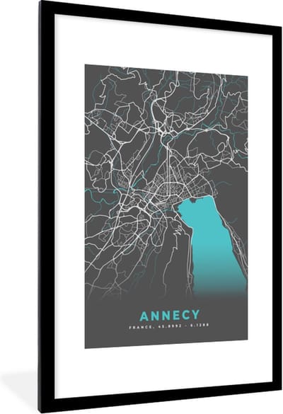 Fotolijst incl. Poster - Annecy - Frankrijk - Plattegrond - Stadskaart - Kaart - 80x120 cm - Posterlijst
