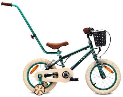 Sun Baby Kinderfiets 14 Inch LOVEL Fiets voor Jongen 3-5 Jaar, Max 50 kg - zijwieltjes, mandje, bel, kettingkast, duwstang - Donkergroen