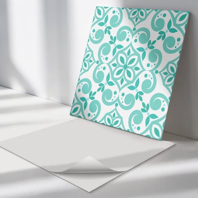 Wallfluent Vinyl Tegels - Stijlvol Plantenpatroon Vinyl Wandtegels - 30 cm x 30 cm - Turkoois PVC Tegels - Set van 9 - Vierkant PVC Tegels - Patroon Plaktegels - Wand PVC Tegels - Plaktegels Keuken en Badkamer