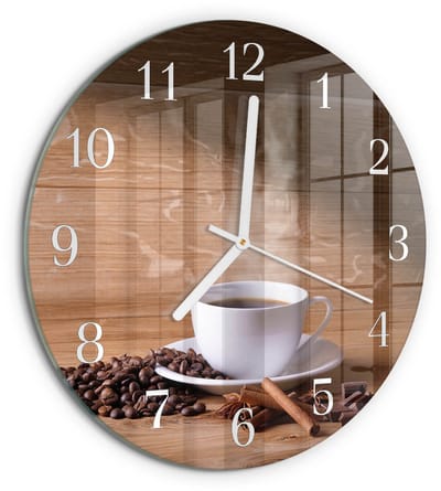 Tulup Wandklok - Koffie Decoratieve Glazen Klok - 30fi cm - Bruin Glazen Wandklok Design - Witte Handen - Ronde Wandklok - Wandklok Glas Met Motief - Decoratieve Glazen Klok