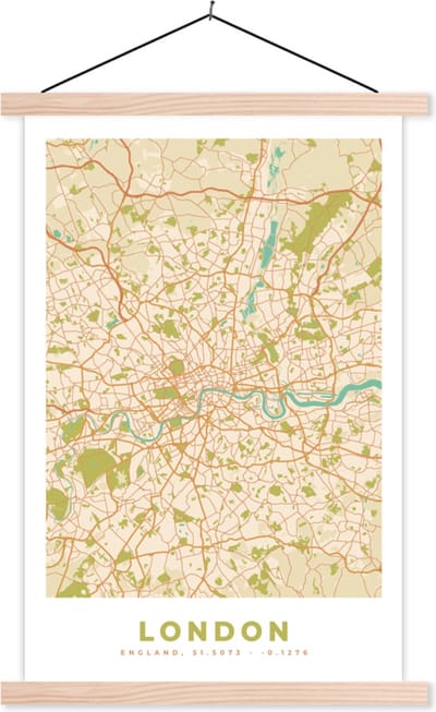 Posterhanger incl. Poster 40x60 cm - Schoolplaat - Londen - Stadskaart - Plattegrond - Vintage - Kaart - Textielposter - Blanke latten - Stadskaart