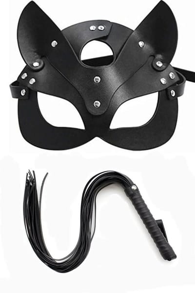 Cat Masker en Zweep Set Zwart Leer - Kattenmasker met Flogger - BDSM Accessoires Set - Fetish Masker en Whip Kit - One Size - Rollenspel Set - La Nuita