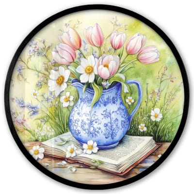 Poster in lijst Rond - Fotolijst 40x40 cm - Posters - Vaas - Delftsblauw - Madeliefjes - Ronde posterlijst zwart - Decoratie - Wanddecoratie woonkamer - Muurdecoratie slaapkamer