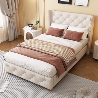 Wishdor Gestoffeerd Eenpersoonsbed 90x200 cm - Gecapitonneerd met Siernagels en Houten Poten - Beige Fluweel - Inclusief Lattenbodem