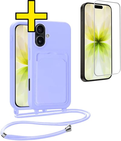 Hoesje Geschikt voor iPhone 17 Telefoonhoesje Met Koord Case Pashouder Met Screenprotector Siliconen - Hoes Geschikt voor iPhone 17 Hoesje Met Kaarthouder - Lila