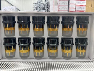 Glozini Marokkaanse Theeglazen – Set van 12 – 140 ml – Zwart Glas met Gouden Decoratie