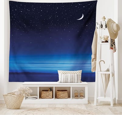 ABAKUHAUS Nachttapijt, Maansterren Santa Barbara, Woonkamer Slaapkamer Wanddoek Zijdezacht Satijn Tapijt, 200 x 150 cm, Donkerblauw Hemelsblauw Wit