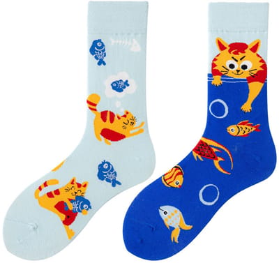 Tutti Footi – Paar verschillende sokken met Kat & Vissen – Maat 36-40 – Dieren/Kattenliefhebbers