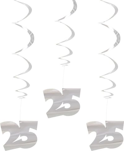 Hangdecoraties 25 jaar - 3x stuks - zilver - rotorspiralen - 25e Jubileum versiering - 25 jaar getrouwd - 70 cm lang