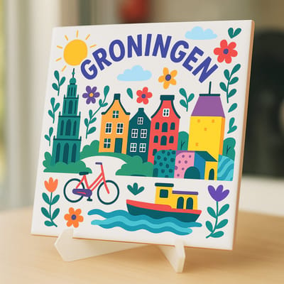 Tegeltje Groningen - 15×15 cm – Keramiek – Decoratief Souvenir – Inclusief Transparante Houder / Ezel – Cadeau - Tegeltjes met tekst