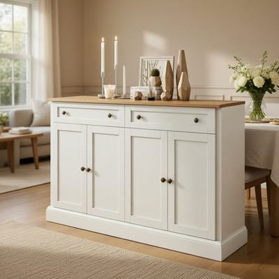 KOMHTOM - Grote dressoir - Vier deuren - Twee lades - Moderne buffetkast - Geschikt voor eetkamer en woonkamer - 150x86x40 cm - Antiekwit + Natuurhout