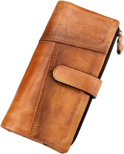 Portemonnee van echt leer met RFID-beveiliging tegen diefstal - Vintage afwerking - Lange portemonnee met patchwork-look - Meerdere kaartsleuven - 19,5*9,5*2,5 cm - Koffiebruin - 1 stuk