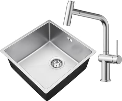 Auralum max Spoelbak RVS (44x44CM) – Spoelbak Keuken Met T-Uitloop Keukenkraan - Spoelbakken Keuken – Wasbak Keuken - RVS