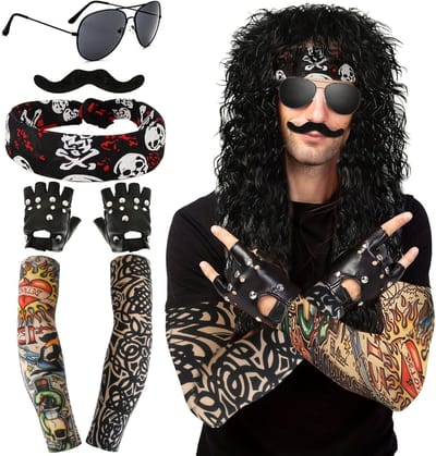 80s kostuumset voor mannen - 5-delige outfit met vokuhila pruik, accessoires voor disco, punk en carnaval