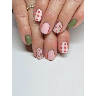 Schattige Vierkante Press-On Nepnagels Roze En Groen Korte Nagels Rode Bloem Franse Nepnagels Vrouwen Kistnagels Nagelbenodigdheden