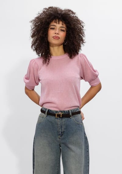 Minus Msliva Puff Sleeve Metallic Knit Pullover Truien & vesten Dames - Sweater - Hoodie - Vest- Roze - Maat XXL